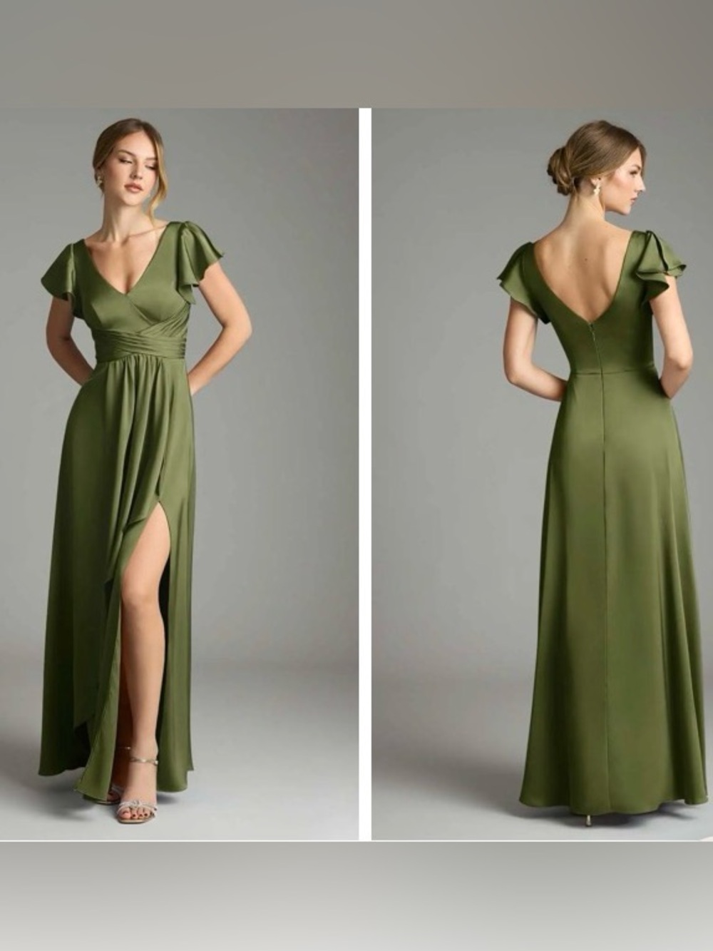 Azazie Omari Olive Green V-Neck Flutter Sleeve Dress